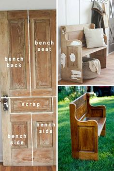 an outdoor bench made out of old doors and other things to make it look like they are