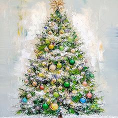 a painting of a christmas tree with ornaments on it