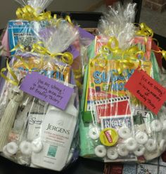 two baskets filled with different items on top of a table