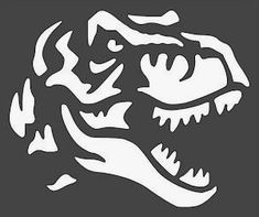 a white stencil of a dinosaur's head on a black and gray background