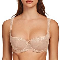 PRICES MAY VARY. Balconette-style padded bra with beautiful lace Lightly padded cups provides natural round shape Adjustable padded straps for all-day comfort Underwire designed to provide great support The two-part cup silhouette lifts breasts giving a rounded bust and abundant cleavage The emblematic half cup bra creates a distinctly seductive look by enhancing women's figures. 32f Bra, Half Cup Bra, Comfy Bra, Bra Size Charts, Women Figure, Balconette Bra, Everyday Bra, Cup Bra, Scoop Neck Top