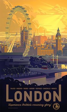 the london skyline is shown in this retro style poster from around the world, including big ben and the ferris wheel