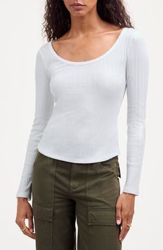 Crafted of an airy pointelle-knit fabric, this long-sleeve top has delicate picot trim and a shirttail hem. A pretty little top primed to pair with your favorite jeans. 22" length (size Medium) Scoop neck Long sleeves 52% modal, 24% cotton, 24% polyester Machine wash, tumble dry Made in Peru Long Sleeve Scoop Neck Top, Spring Basic Stretch Long Sleeve Top, Stretch Basic Long Sleeve Top For Spring, Chic Long Sleeve Scoop Neck Top For Spring, Solid Scoop Neck Knit Top For Spring, Scoop Neck Knit Top For Spring, Spring Scoop Neck Stretch Knit Top, Spring Long Sleeve Pointelle Knit Tops, Spring Scoop Neck Fitted Knit Top