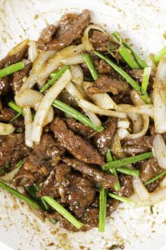 beef with onions and scallions in a white bowl