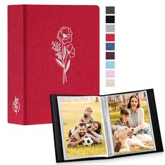 an open photo album with two pictures on it and a red book cover that has the image of three children playing soccer