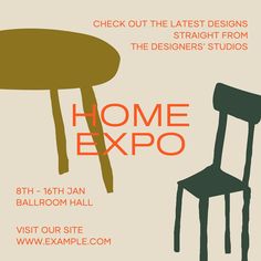 an advertisement for the home expo with a chair and table