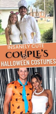 two people are dressed up in costumes and posing for a halloween costume contest with text that reads, insannely cute coopie's halloween costumes