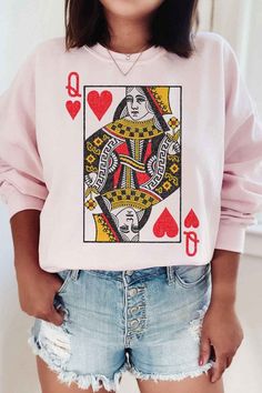 Queen of hearts graphic sweatshirt premium cotton unisex sizing classic fit White Relaxed Fit Sweater With Screen Print, White Long Sleeve Sweater With Screen Print, White Screen Print Sweater For Fall, White Crew Neck Sweatshirt With Heart Graphic, Cotton Crew Neck Hoodie For Valentine's Day, Winter Crew Neck Sweatshirt With Heart Graphic, Valentine's Day Sweatshirt With Relaxed Fit And Crew Neck, Oversized Crew Neck Sweater With Heart Print, Valentine's Day Crew Neck Sweatshirt With Relaxed Fit