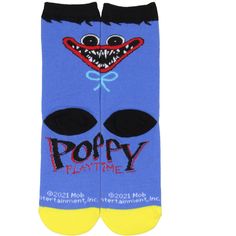 Upgrade your child's sock game with these Poppy Playtime Youth Crew Socks. These blue socks feature a Huggy character and logo design with a contrasting yellow toe. The eye-catching design will make them the envy of their friends. These socks are designed with durability and comfort in mind. They are made with soft, great materials that keep feet nice and cozy. Whether your little one is playing games, going to school, or hanging out with friends, they offer a comfortable and snug fit for all-da Cute Blue Socks For Playtime, Fun Non-slip Socks For Playtime, Sock Game, Blue Socks, Going To School, Poppy Playtime, Kids Socks, Playing Games, Play Time