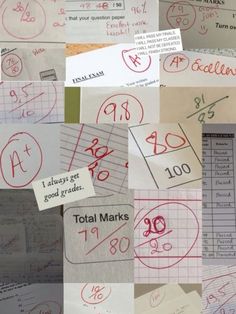 many different types of paper with numbers and times on them, all written in red ink