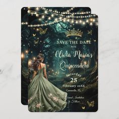 save the date card with fairy lights and a girl in a green dress on it