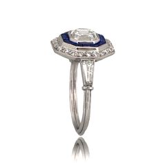 Asscher-Cut-Sapphire-Halo-TSV Diamond And Sapphire Engagement Ring, Asscher Cut Diamond Engagement Ring, Estate Diamond Jewelry, Asscher Cut Diamond, French Cut, Asscher Cut, Baguette Cut Diamond, European Cut Diamonds, Baguette Cut