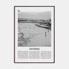 a black and white photo with the words san diego on it, in front of a beach