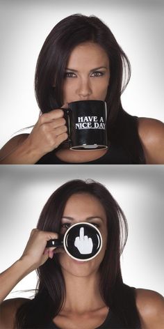 a woman holding a coffee mug with the words have a nice day on it