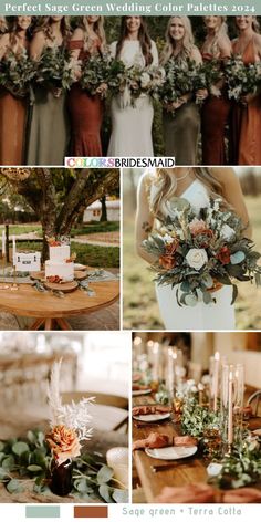 wedding color palettes for the bridesmaid, sage green and terra cota