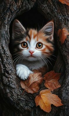 a small kitten is peeking out from behind a tree trunk with leaves on the ground