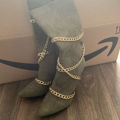 Never Got A Chance To Wear Army Green Boots, Green Boots, Green Gold, Shoes Heels Boots, Green And Gold, Army Green, Gold Chain, Gold Chains, Shoes Women Heels