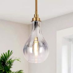 a light fixture hanging from the ceiling in a living room with a potted plant