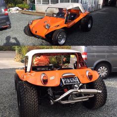 an orange and white dune buggy is parked in front of a gray car on the street