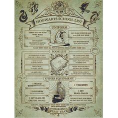 harry potter's school list poster with hogwarts symbols and other things on it