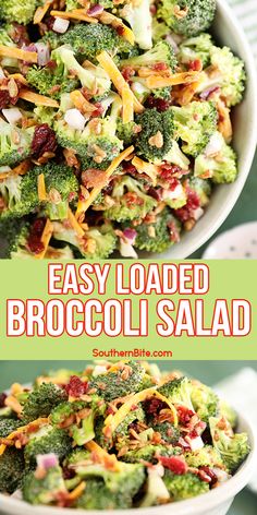 broccoli salad with shredded cheese and cranberry sauce in a white bowl