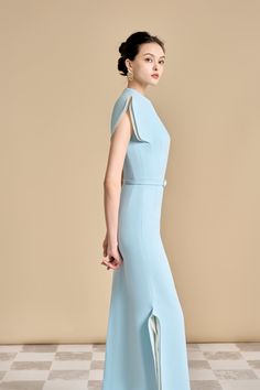 Crafted from luxurious polyester, this ankle length dress is sure to turn heads. The cap sleeves add a touch of grace, making you feel confident and empowered. Elevate your style with this exquisite piece from our collection. Elegant Blue Maxi Dress With Cape Sleeves, Blue Fitted Maxi Dress With Cape Sleeves, Fitted Blue Maxi Dress With Cape Sleeves, Blue Maxi Dress With Cape Sleeves, Chic Blue Dresses With Cape Sleeves, Elegant Fitted Light Blue Maxi Dress, Chic Blue Dresses With Structured Shoulders, Chic Blue Dress With Structured Shoulders, Elegant Light Blue Short Sleeve Midi Dress