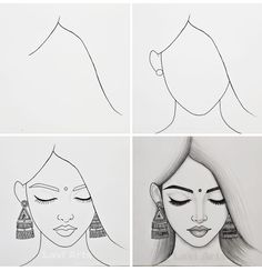 four different drawings of women's faces with long hair and large earrings on them