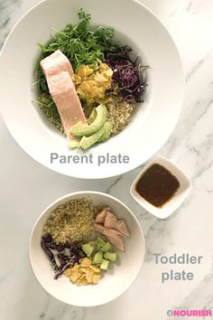 two bowls filled with different types of food on top of a white countertop next to each other