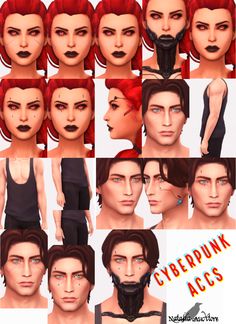 many different facial expressions and hair styles for male character creation, including red - headed woman's face