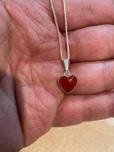 "* 10mm red carnelian heart Pendant *Sterling Silver *Free Shipping *Handcrafted In USA *Jewelry ship in Gift box *Necklace length: 16\" 18 inches or 20\" *Cabochon may vary in color *Lovely necklace with a pendant on a sterling silver chain with spring ring closure, this necklace is so pretty . A must for any occasion . Thank You For Looking ,And Check Out More Items In My Etsy Shop For More Great Deals, Also We Add More Jewelry To Etsy Shop Regularly https://www.etsy.com/shop/ABQdesign" Red Heart Necklace Silver, Carnelian Heart Pendant, Carnelian Heart Necklace, Funky Silver Necklace, Red And Silver Necklace, Heart-shaped Carnelian Jewelry For Valentine's Day, Heart Shaped Carnelian Gemstone Jewelry, Carnelian Heart Shaped Gemstone Jewelry, Carnelian Heart Gemstone Jewelry