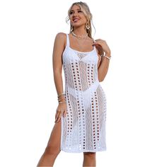 White Hollow Out Split Sling Beach Cover Dress White Spaghetti Strap Beach Dress, White Spaghetti Strap Sundress For Beach Season, Beachwear Mini Dress With Hollow Out Design, Beachwear Mini Dress With Hollow Out Details, Hollow Out Mini Dress For Beach Season, Beach Dresses With Hollow Out Design, Beachwear Mini Dress With Hollow Out For Vacation, Summer Hollow Out Beach Dress For Vacation, Summer Beach Dress With Hollow Out For Vacation