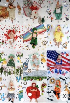 many different pictures of babies in costumes and numbers on the wall, including an american flag