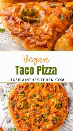 vegan taco pizza with cheese and jalapenos on the side, topped with green peppers