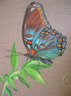 a painting of a butterfly sitting on top of a green plant