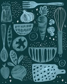 an illustration of food and utensils on a black background