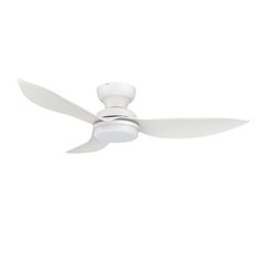 a white ceiling fan with two blades on the top and one light on the bottom