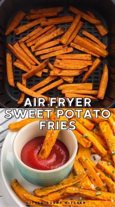 air fryer sweet potato fries with ketchup on the side and text overlay that reads, air fryer sweet potato fries