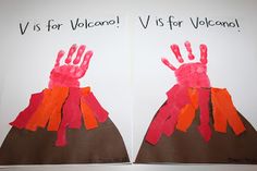 two children's handprints made to look like volcanos