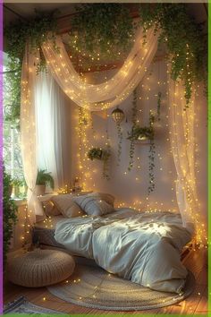 a bed with white sheets and fairy lights on the headboard is in front of a window