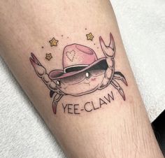 a crab with a hat on its head and the words yeee claw written below it