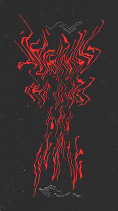 an abstract red and black painting on a black background with lines in the shape of flames