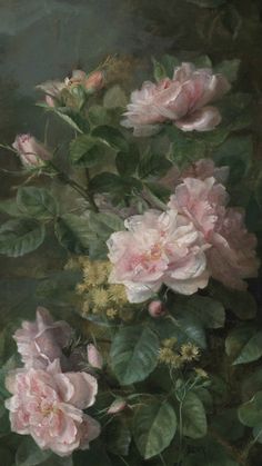 a painting of pink roses with green leaves