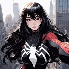 a woman with long black hair wearing a spider - man suit in front of city buildings