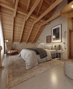 a large bed sitting under a wooden ceiling next to a white chair and ottoman on top of a rug