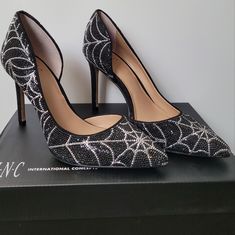 These Have Only Been Tried On Silver Court Shoes With 4-inch Heel For Evening, Silver Evening Court Shoes With 4-inch Heel, Silver Heels With Reinforced Heel For Evening, Black Heels With Silver Accents For Evening, Black Heels With Silver Accents For Night Out, Spiderweb Shoes, Embroidery Heels, Orange Heels, Pointed Pumps