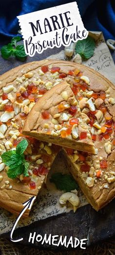 a pie with nuts and other toppings on it, cut into slices to show the inside