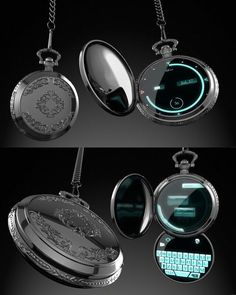 three different views of a pocket watch with keypad and keyboard in the middle, on black background