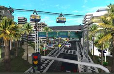 an animated view of a city street with palm trees and traffic lights in the foreground