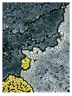 an abstract painting with yellow and gray colors on the bottom half of it, in black and white