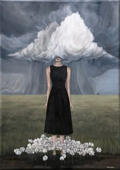 a painting of a woman in a black dress standing on a field with white flowers